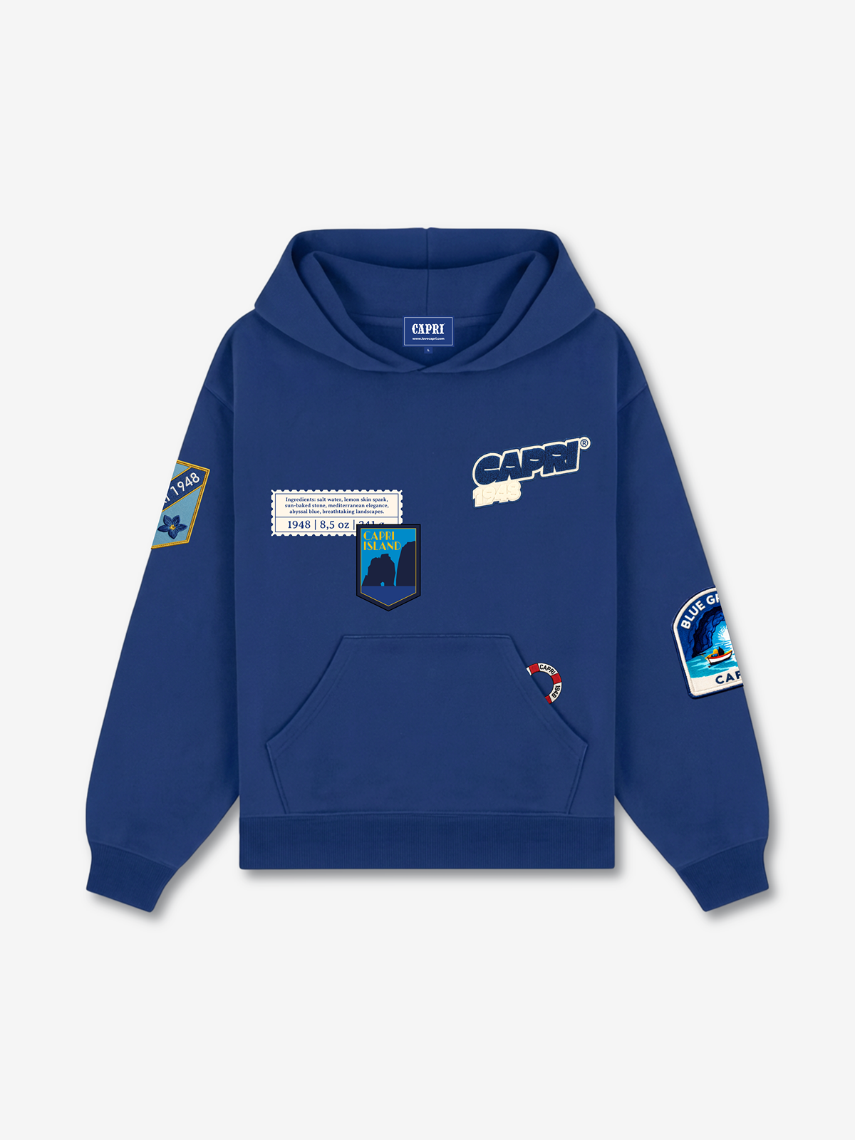 Capri Multi-Patch Hoodie royal blue front view - unisex hoodie by Capri®
