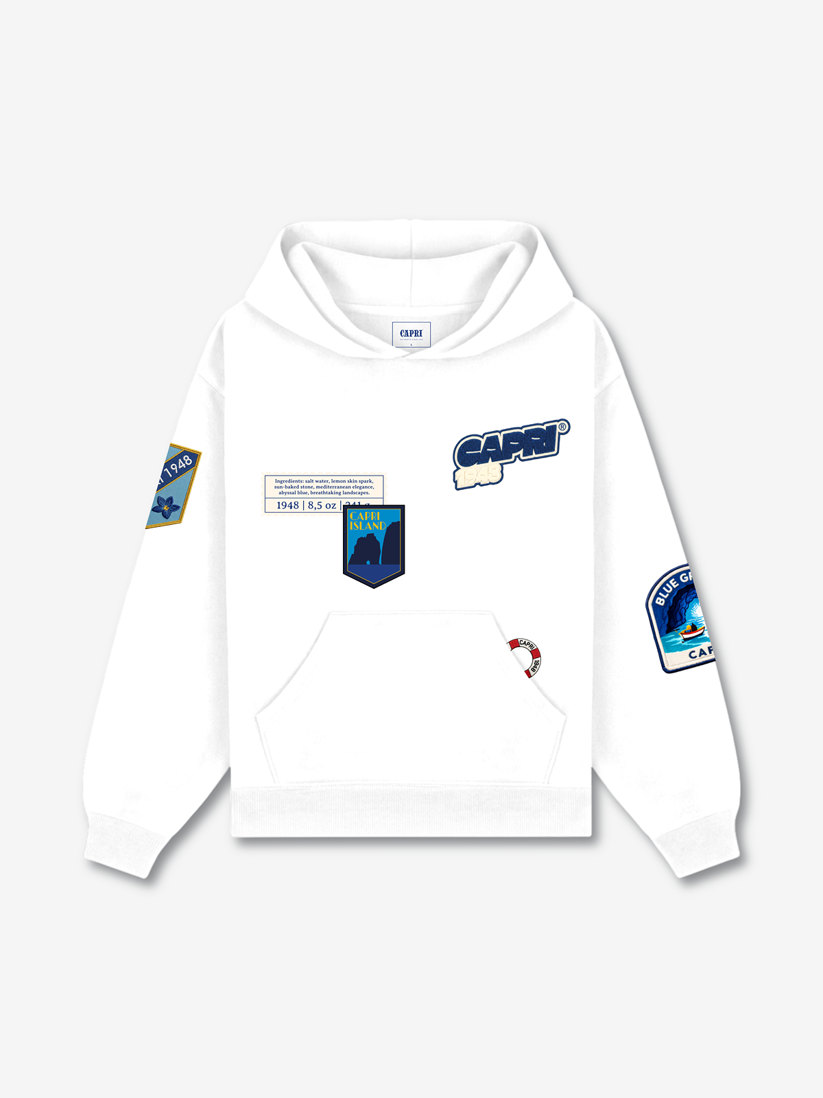 Capri Multi-Patch Hoodie white front view - unisex hoodie by Capri®